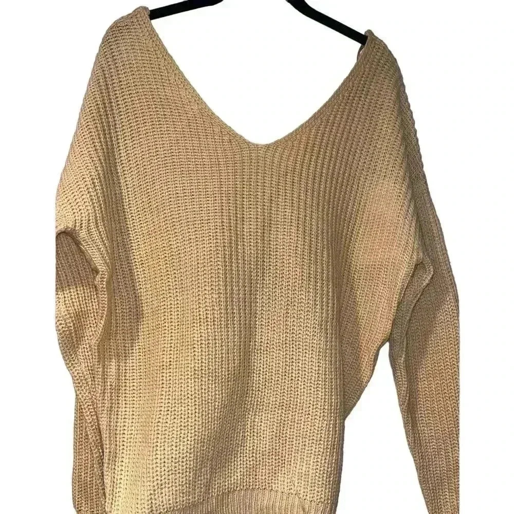 Warm & Cozy Beige V-Neck‎ Chunky Knit Oversized Sweater Twist Knot, Crop